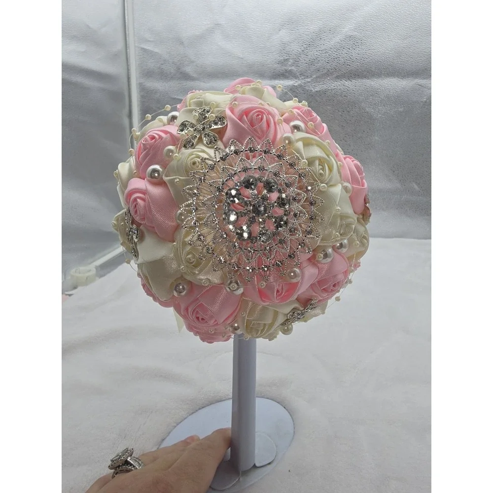 Pink & White Rose Flower Rhinestone Pearl Wedding Bridal Bouquet